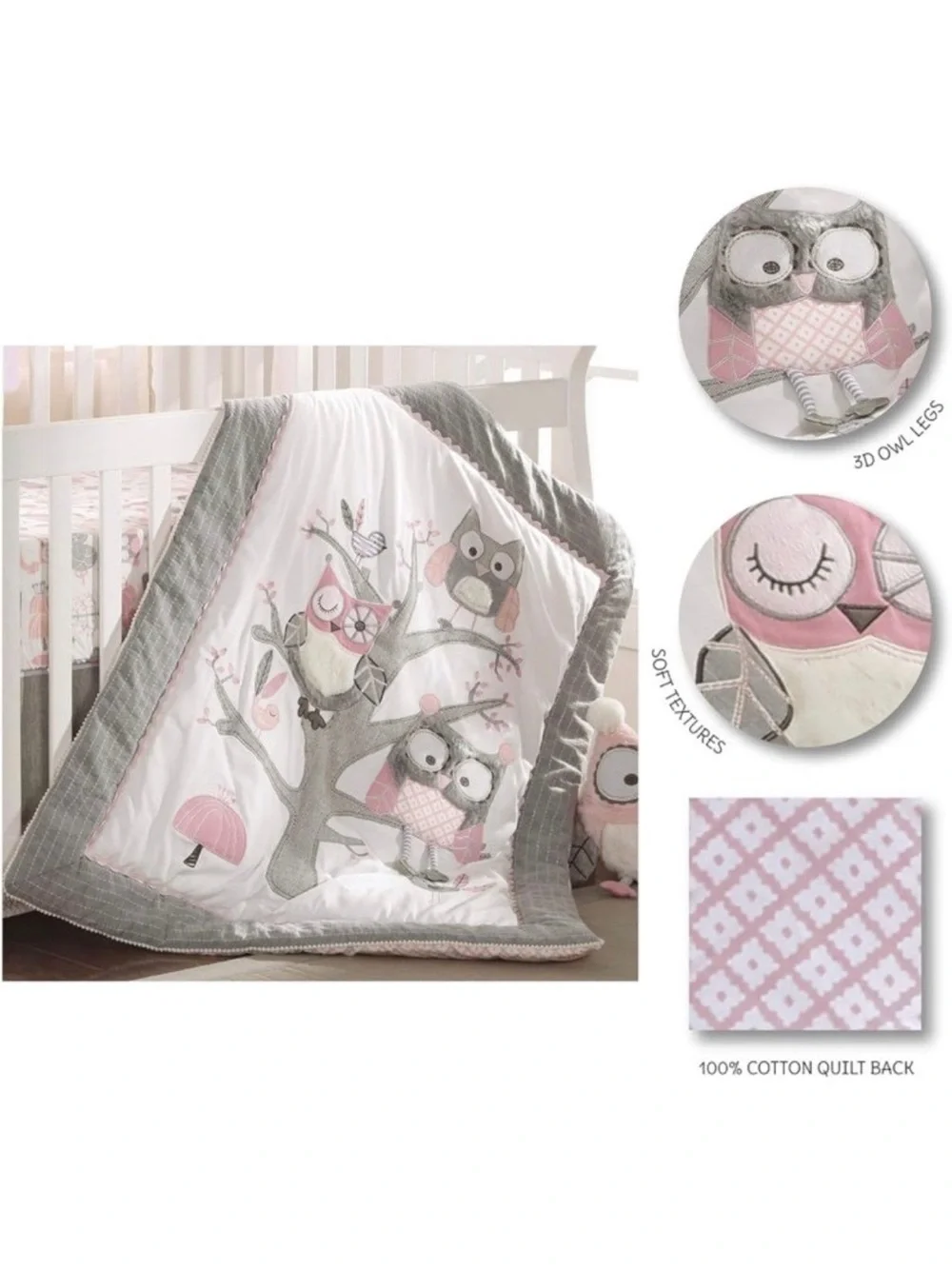Levtex Gray and Pink Owl Tree Baby Quilt